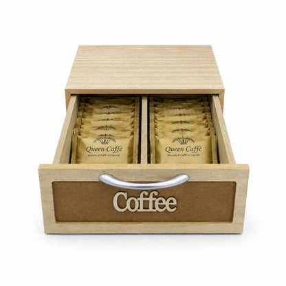 Cassetto Porta Cialde Caffè Legno Chiaro 2 Scomparti 30x20x10cm Maniglia Coffee
