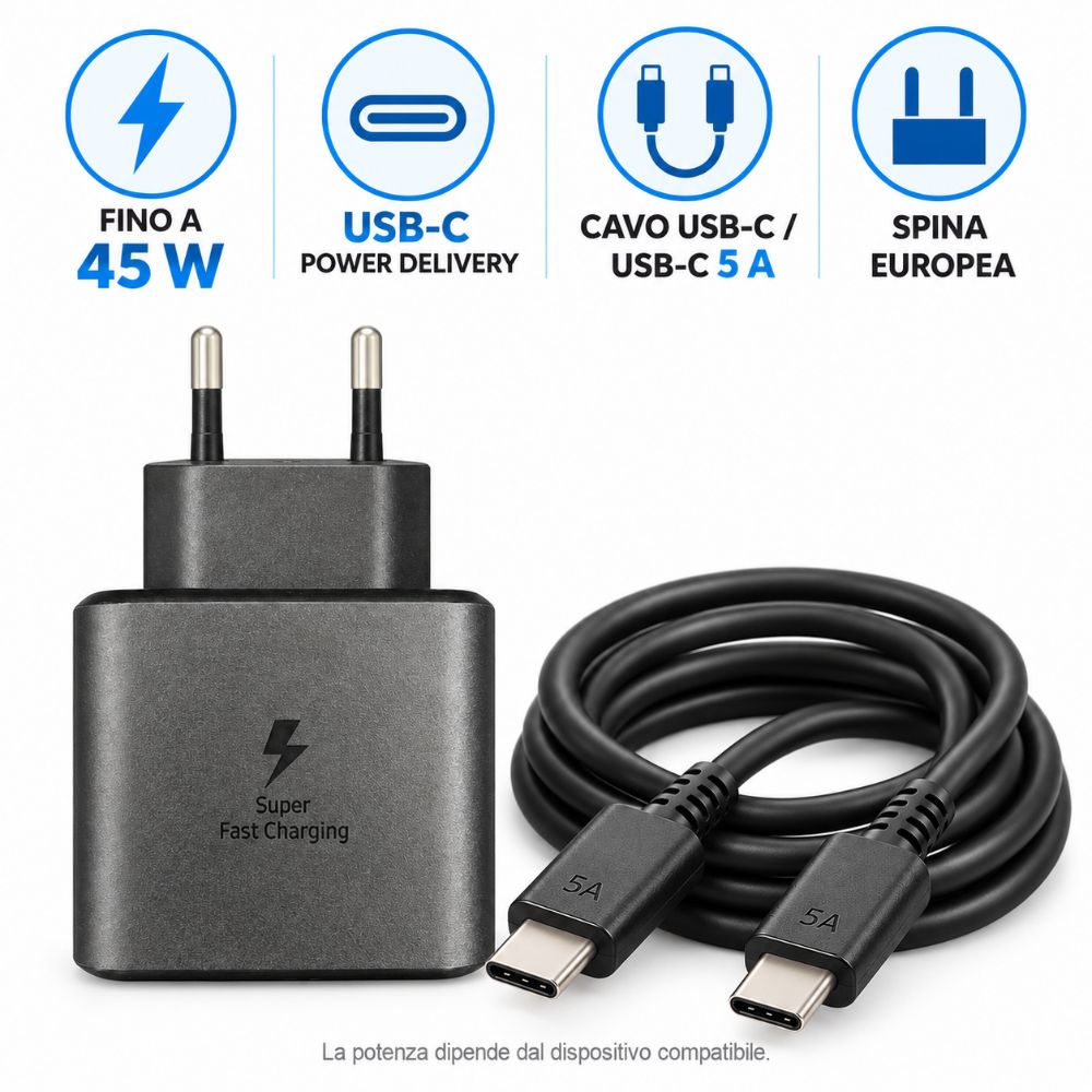 Caricatore Rapido USB C PD 45W con Cavo USB C USB C 5A Alimentatore Nero