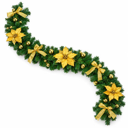 Ghirlanda Natalizia 2 Metri Verde con Fiori Fiocchi e Palline Oro Addobbo Casa