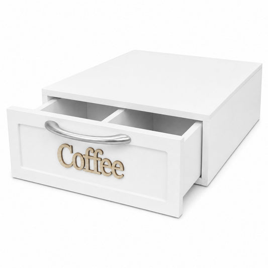 Cassetto Porta Cialde Caffè Legno Bianco 2 Scomparti 30x20x10cm Maniglia Coffee