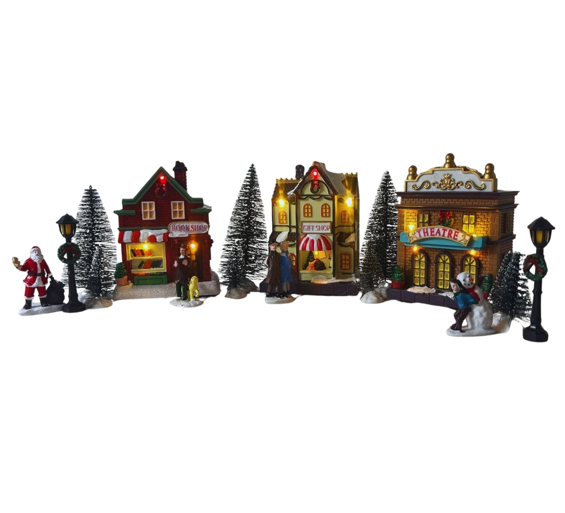 Villaggio Natalizio Casette Personaggi Alberi Natale Scenario 17pz Luci LED