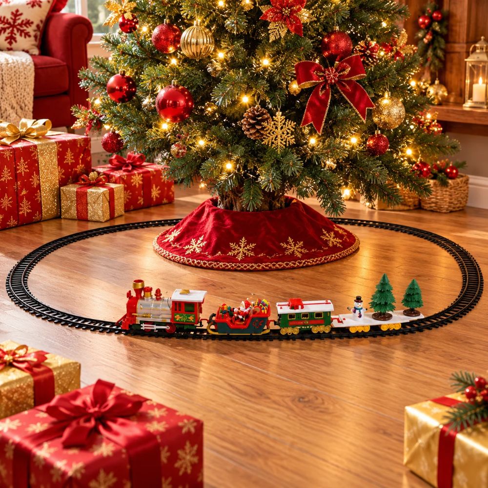 Trenino Natalizio Sotto Albero Luci Suoni Babbo Natale Pista Ovale 102x46 cm