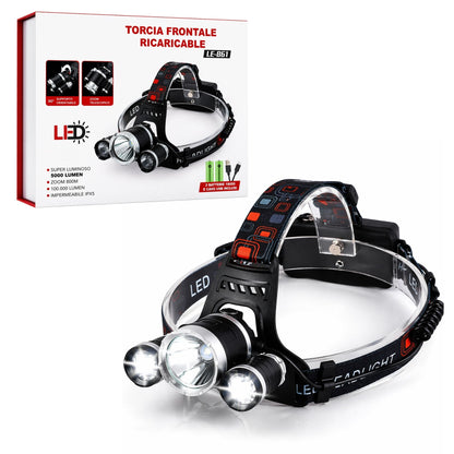 Torcia Frontale 3 LED 5000 Lumen USB Ricaricabile Impermeabile 2 Batterie 18650