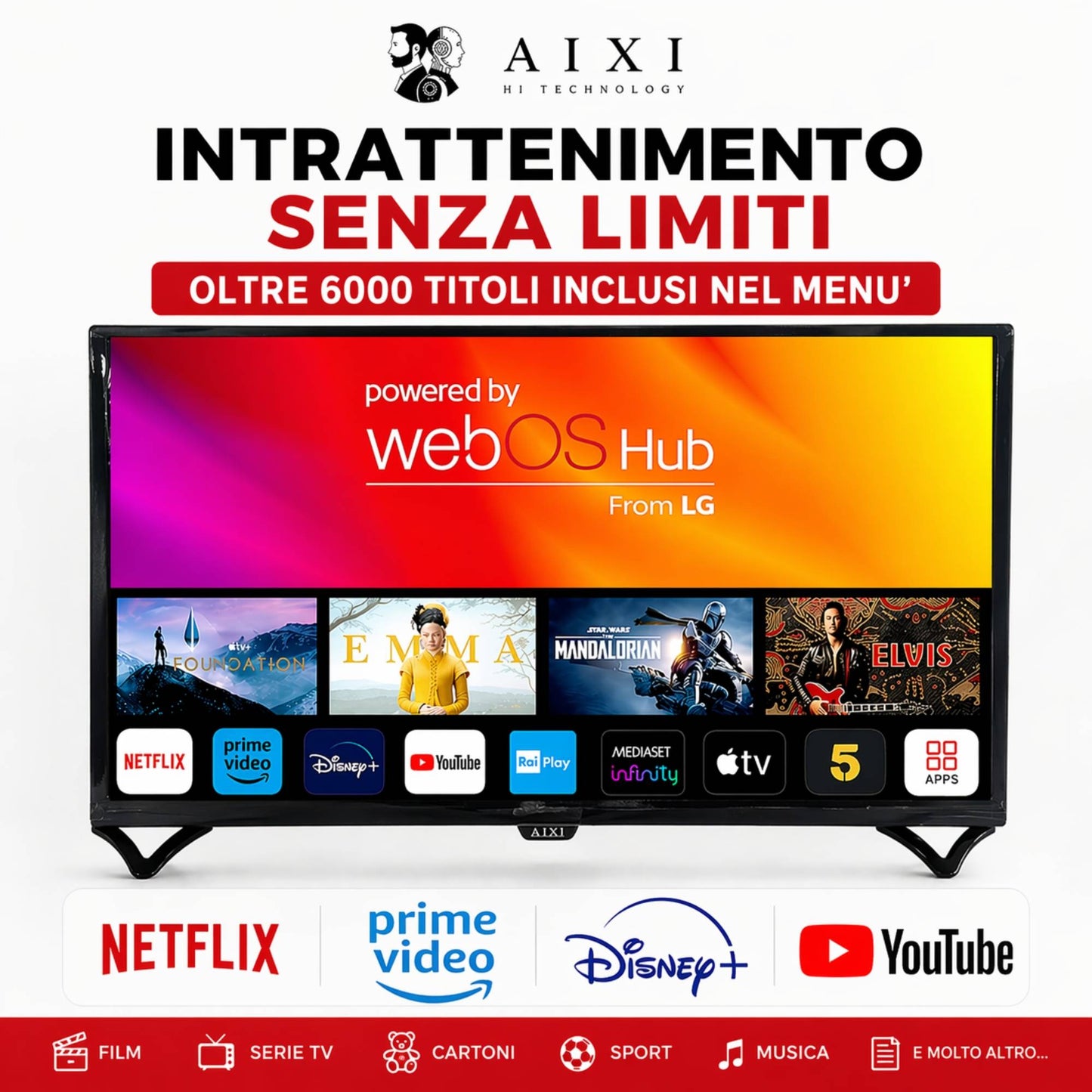 Tv Smart 32" AIXI Televisore LED HD Ready WiFi BT Dvbt-2 WebOS Hub HDMI USB