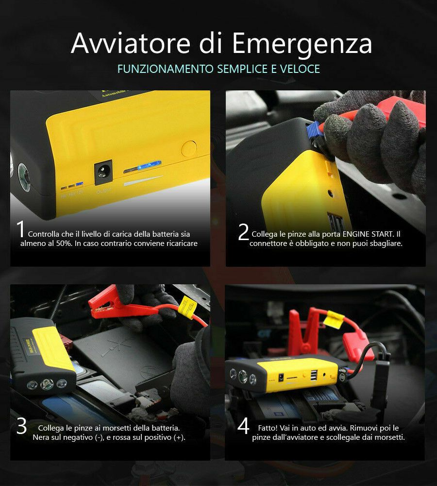 Avviatore Batteria Auto Jump starter Caricabatterie Portatile Emergenza Torcia