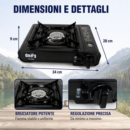 Fornello Gas Portatile Camping con Valigetta Accensione Piezo 1 Fuoco Compatto