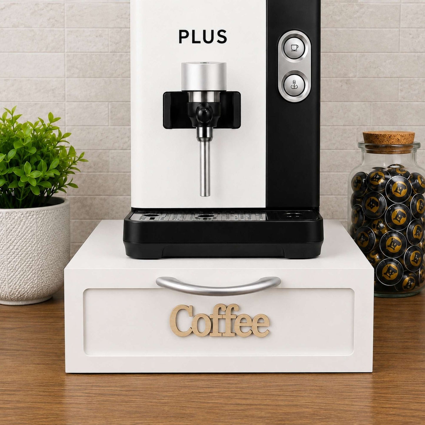 Cassetto Porta Cialde Caffè Legno Bianco 2 Scomparti 30x20x10cm Maniglia Coffee
