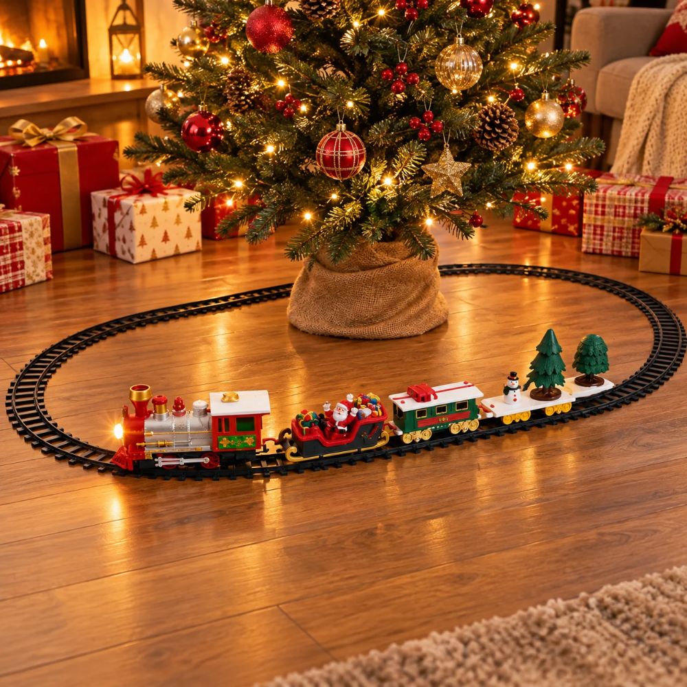 Trenino Natalizio Sotto Albero Luci Suoni Babbo Natale Pista Ovale 102x46 cm