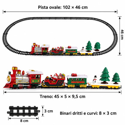 Trenino Natalizio Sotto Albero Luci Suoni Babbo Natale Pista Ovale 102x46 cm