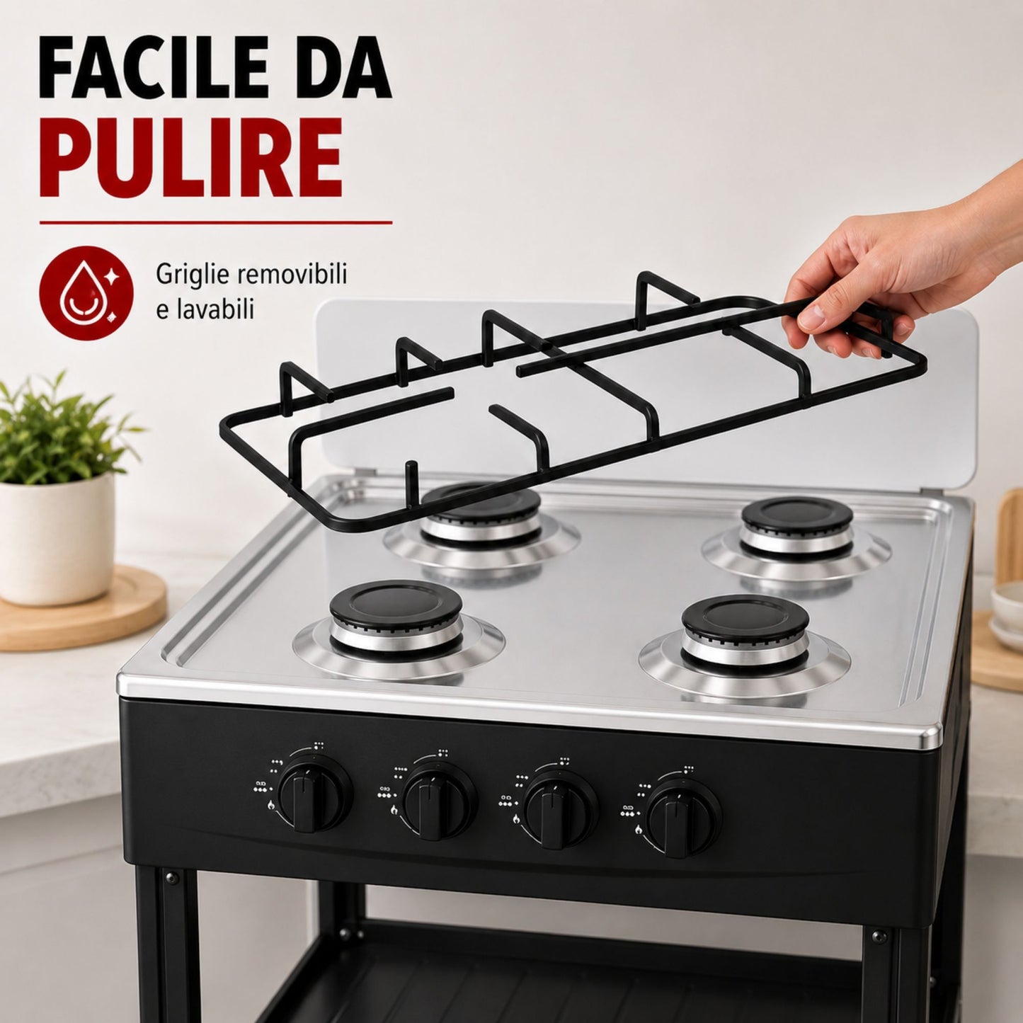 Fornello Gas 4 Fuochi con Ripiani Acciaio Cucina Esterno Mobile Compatto Nero