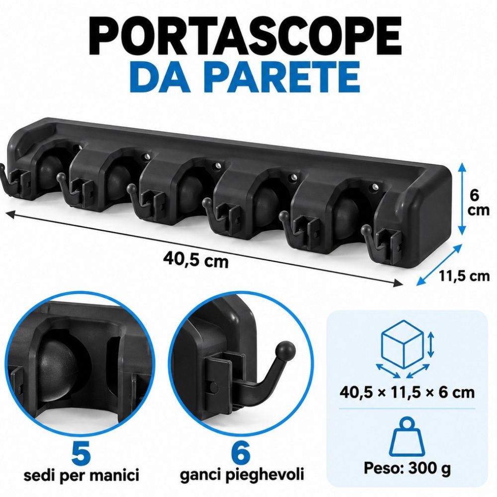 Portascope da Parete 5 Posti 6 Ganci Pieghevoli Portautensili Nero 40,5 cm