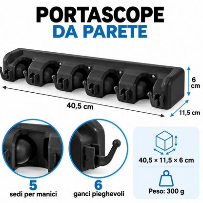 Portascope da Parete 5 Posti 6 Ganci Pieghevoli Portautensili Nero 40,5 cm