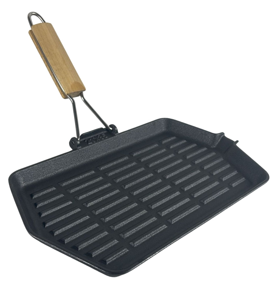 Bistecchiera in Ghisa Rettangolare 35 x 21 cm Antiaderente Manico in Legno