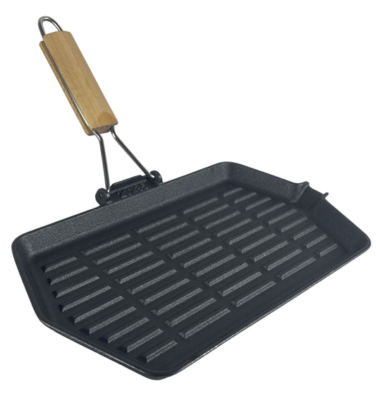 Bistecchiera in Ghisa Rettangolare 35 x 21 cm Antiaderente Manico in Legno