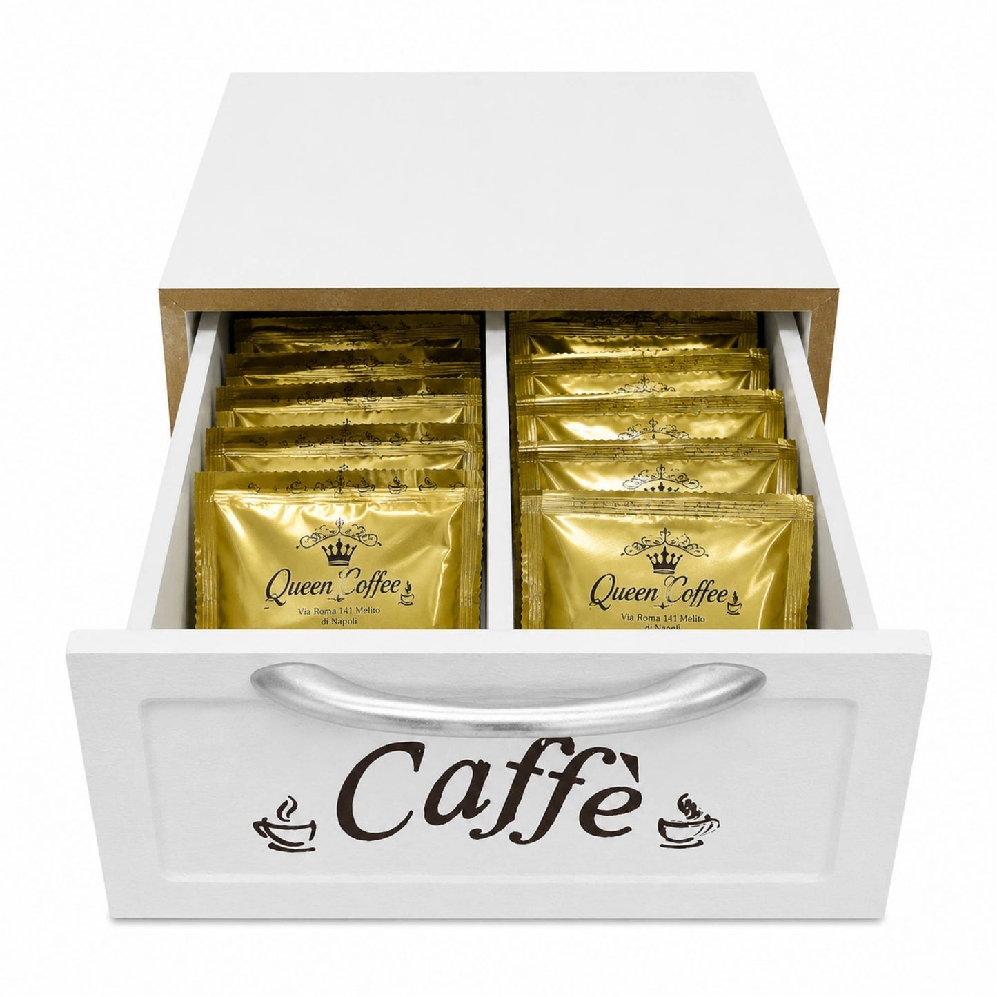 Cassetto Porta Cialde Caffè in Legno Bianco 2 Scomparti 30x20x10 cm Maniglia