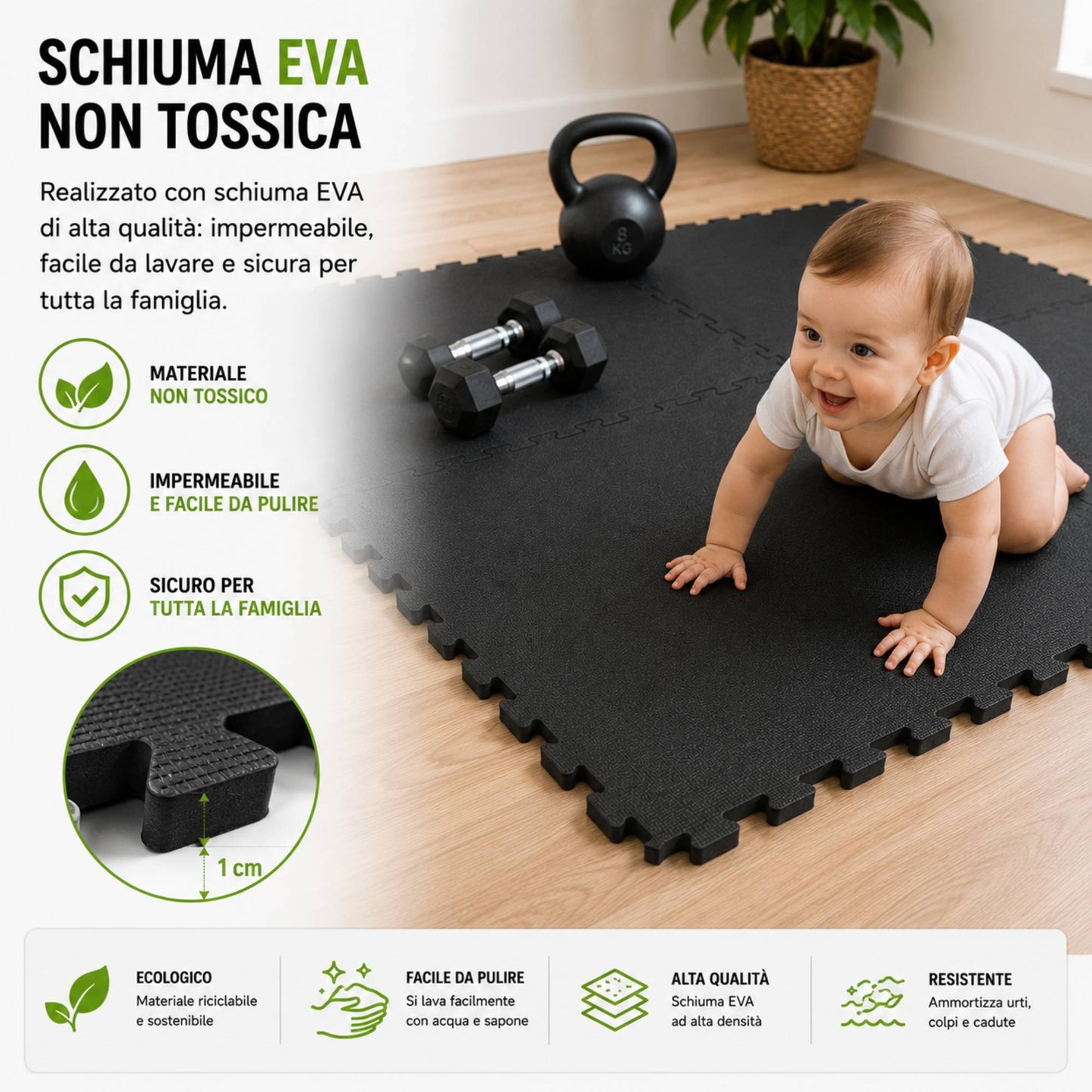 Tappeto Puzzle Tappetino Palestra Puzzle EVA 4 Pz 60x60x1cm Antitrauma Fitness