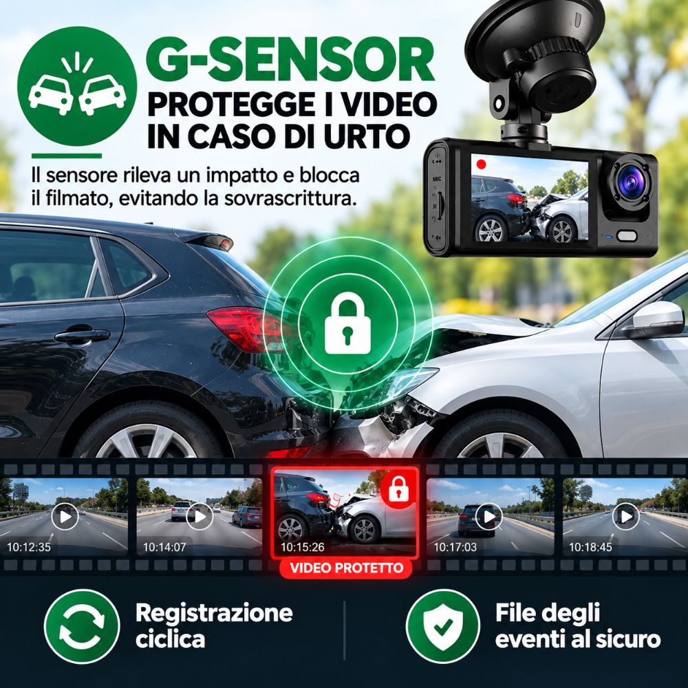 Dashcam Auto 3 Telecamere 1080P WiFi G-Sensor con Camera Posteriore e Ventosa