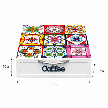 Cassetto Porta Cialde Caffè 3 Scomparti Legno Bianco Maioliche Fluo 30x30x10 cm