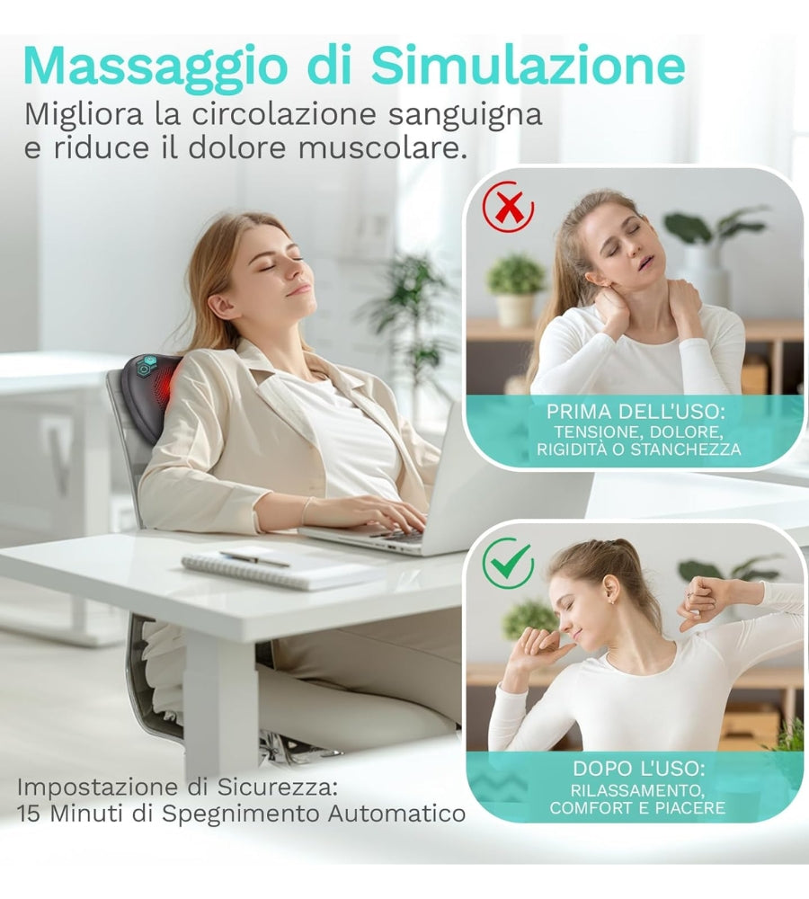 Cuscino massaggiatore Shiatsu Calore Cervicale Schiena Glutei Gambe Casa Auto