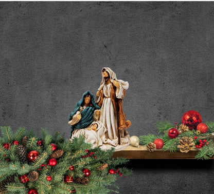 Natività Presepe Statuina Effetto Juta Giuseppe Madonna Gesù Bambino 18x15 cm