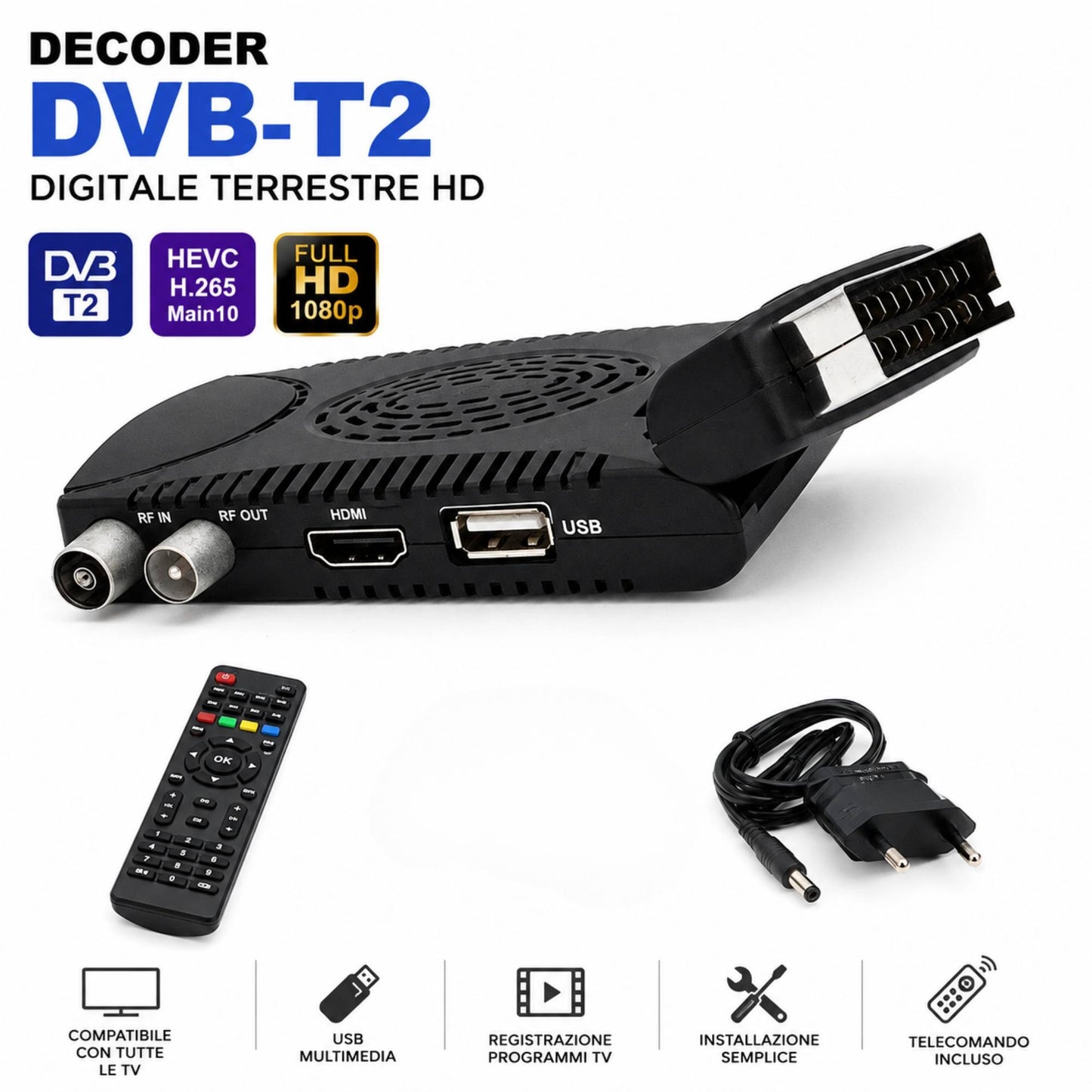 Decoder Dvb-T2 HDTV Box Digitale Terrestre Hd Usb Hdmi Presa Scart