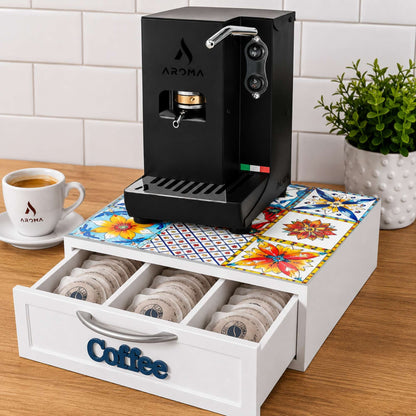 Cassetto Porta Cialde Caffè 3 Scomparti Legno Bianco Maioliche Fiori 30x30x10 cm