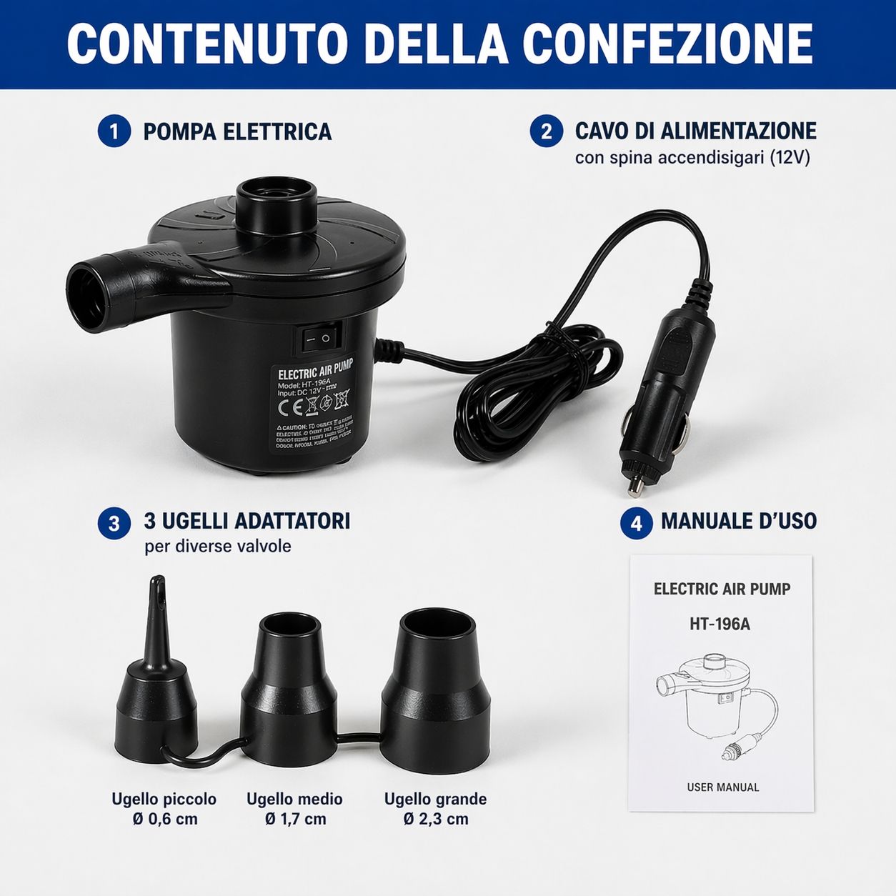 Pompa Elettrica 12V Auto Gonfiabili Materassini Piscina Gonfiatore 3 Ugelli