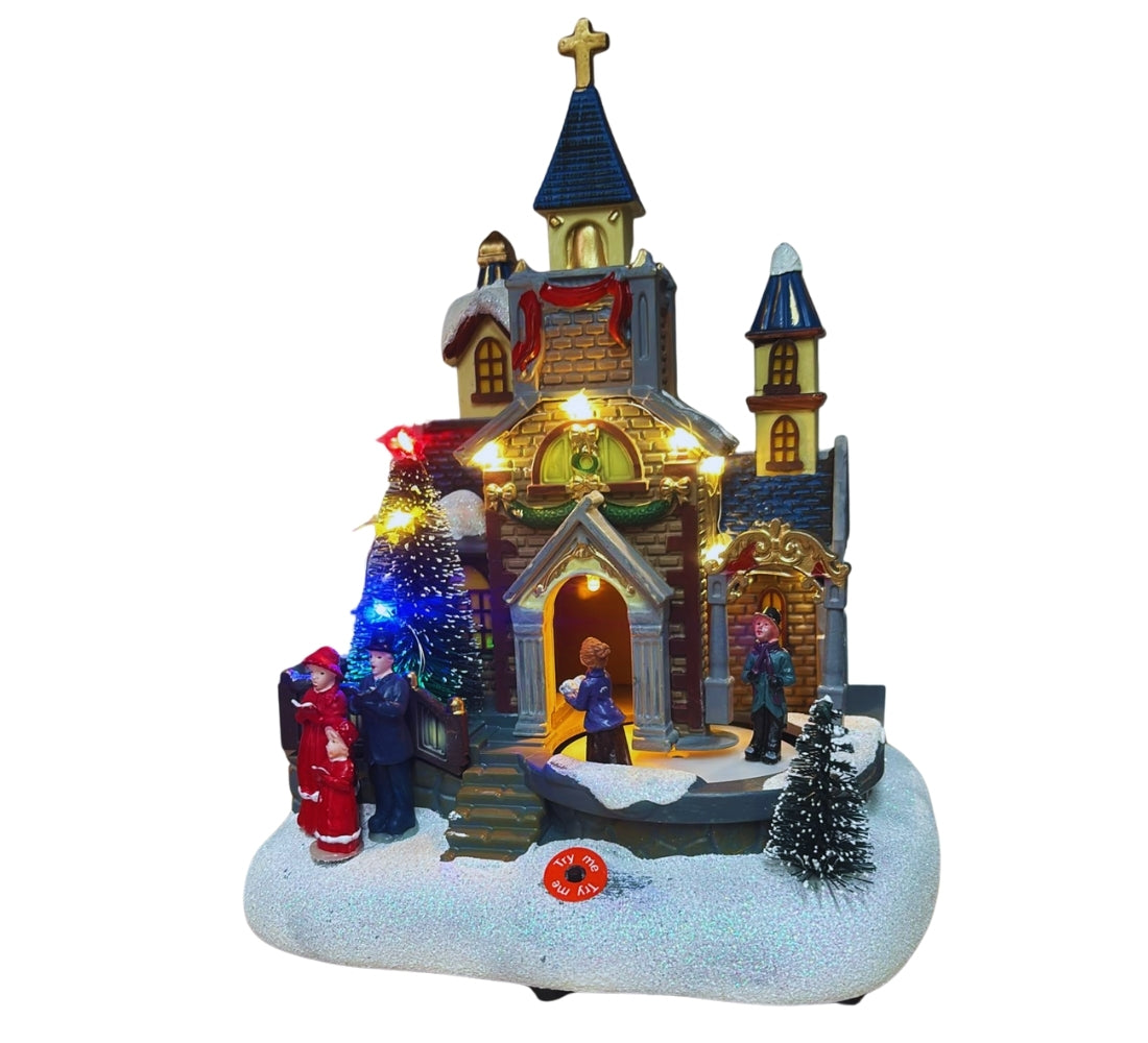 Giostrina Natalizia Chiesa con Personaggi in Movimento Luci LED Musica di Natale