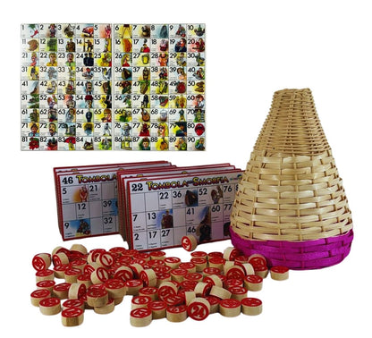 Tombola Napoletana Tradizionale Set Cestino 48 Cartelle 90 Numeri in Legno