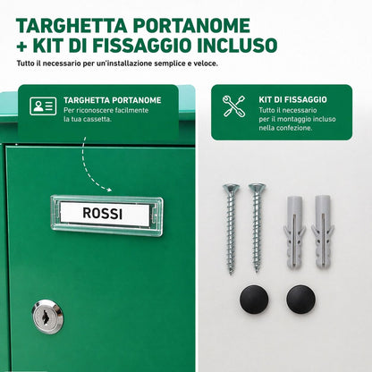 Cassetta Postale Verde Serratura 2 Chiavi 19x27cm Portalettere Esterno Targhetta
