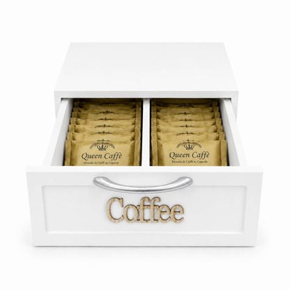 Cassetto Porta Cialde Caffè Legno Bianco 2 Scomparti 30x20x10cm Maniglia Coffee