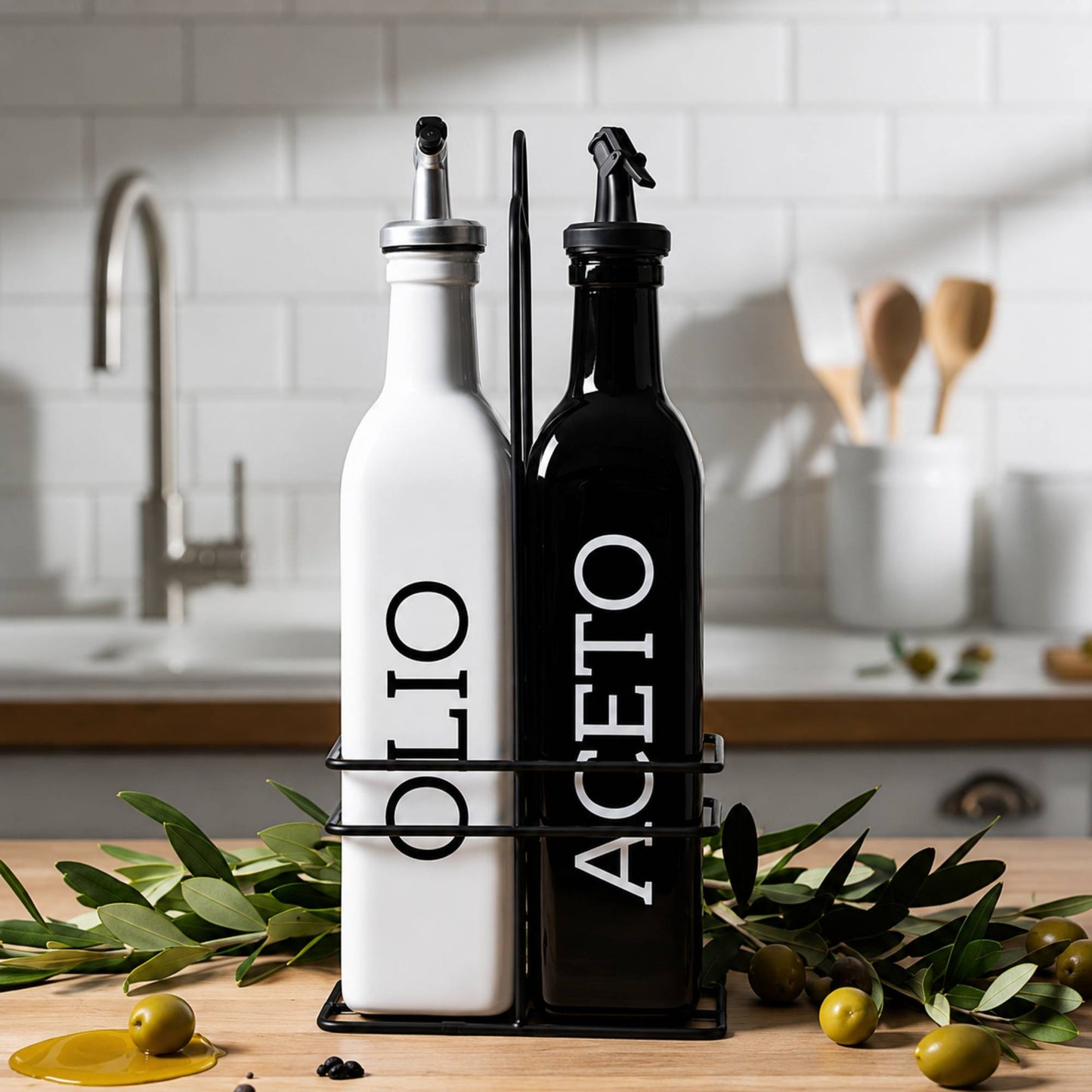 Set Olio Aceto 2 Bottiglie da 500ml con Supporto Metallo Dosatore Cucina Design
