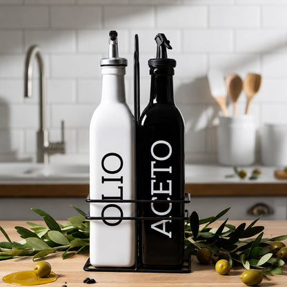 Set Olio Aceto 2 Bottiglie da 500ml con Supporto Metallo Dosatore Cucina Design