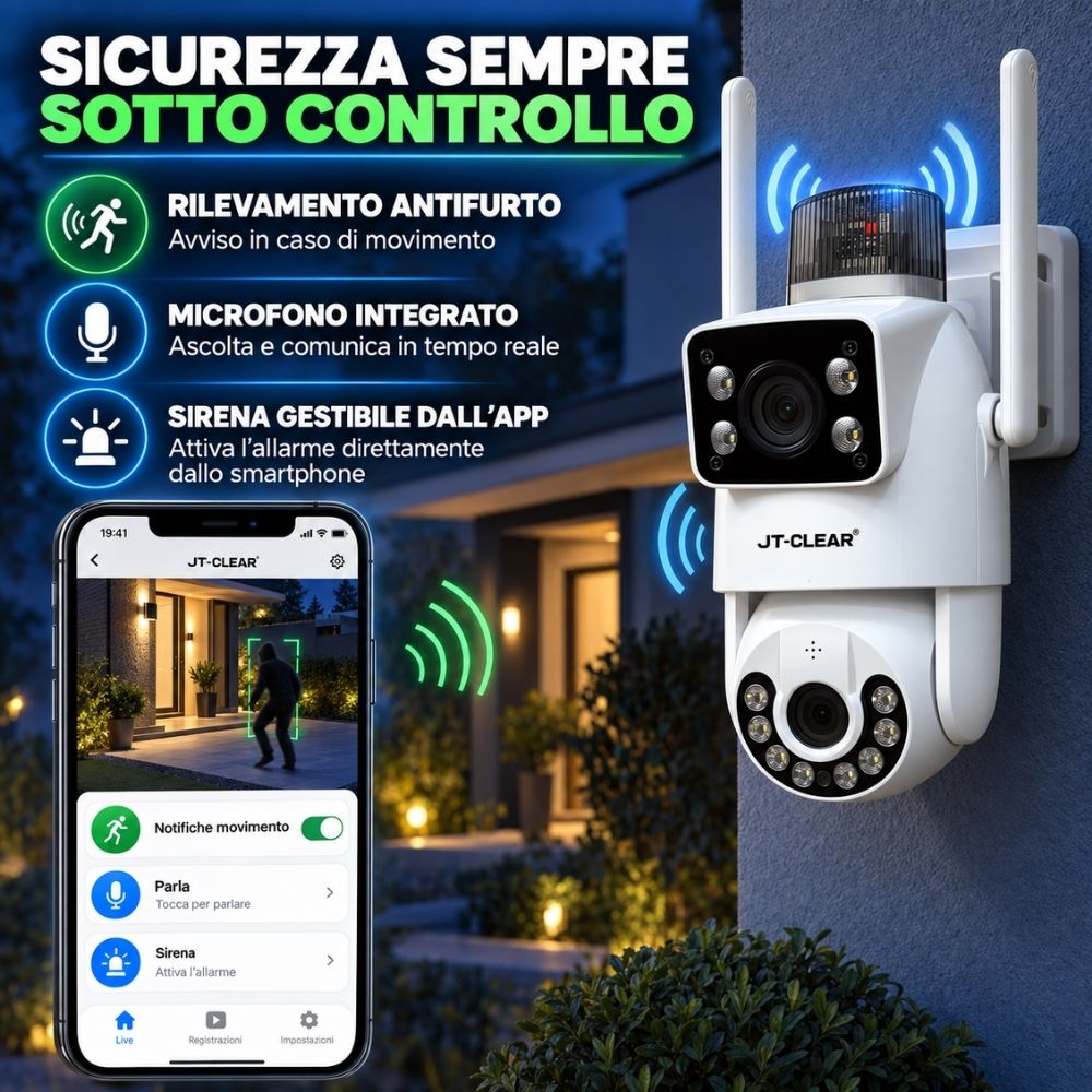 Telecamera IP WiFi PTZ Doppia Lente 355° Visione Notturna Sirena App Yoosee