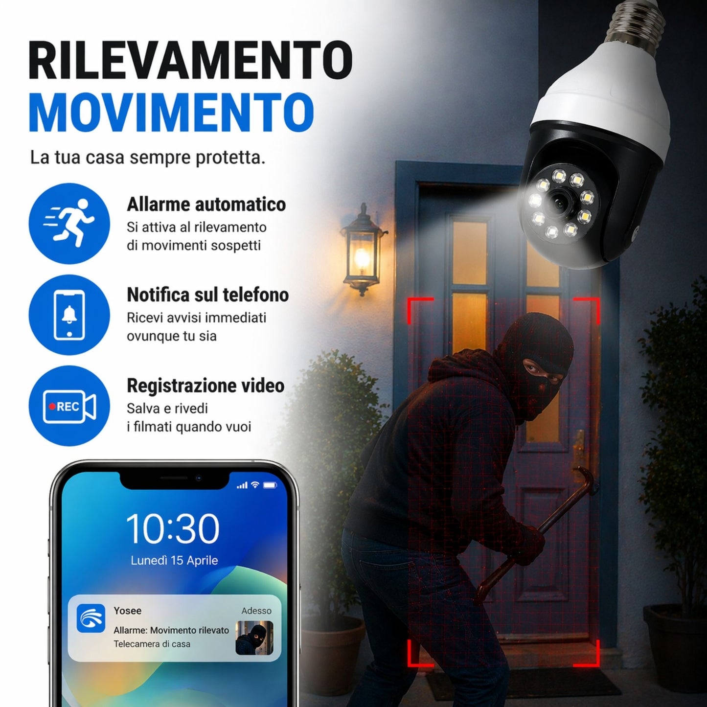 Telecamera WiFi Lampadina 360° 1080P IP Bulb Camera E27 Visione Notturna