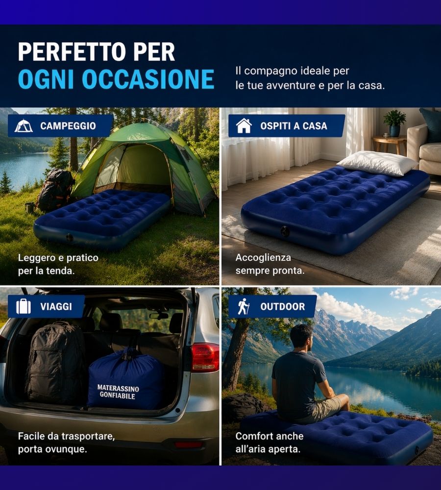 Materassino Gonfiabile Singolo Floccato 191x76x22 cm Letto Aria Campeggio Blu
