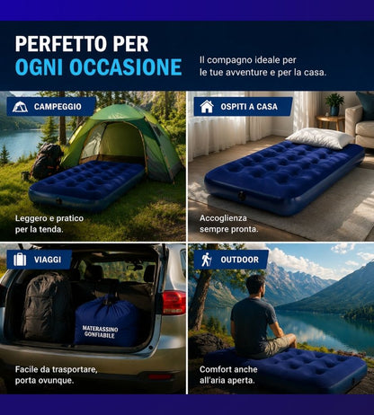 Materassino Gonfiabile Singolo Floccato 191x76x22 cm Letto Aria Campeggio Blu