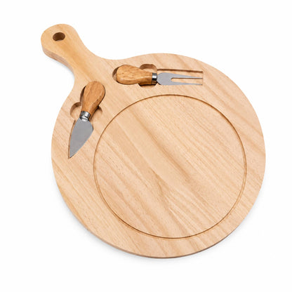 Tagliere Tondo Legno 29,5 cm con 2 Coltelli Formaggio Salumi Aperitivo