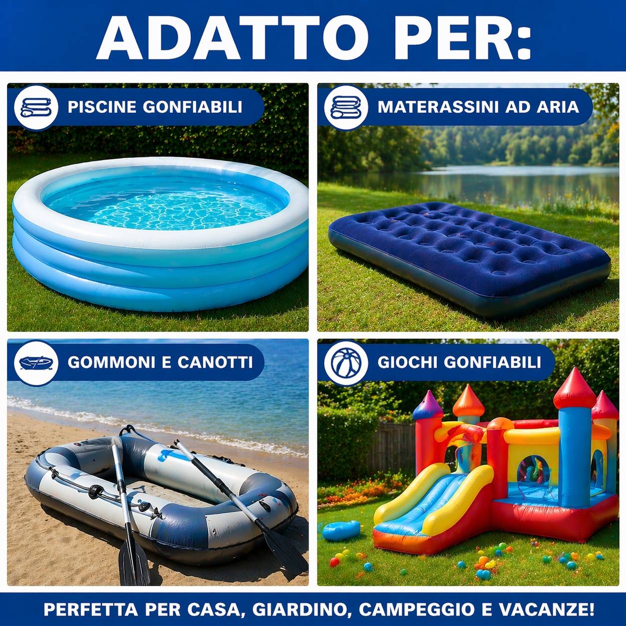 Pompa Elettrica 220V Gonfiabili Piscina Materassini Gommoni Gonfiatore 3 Ugelli