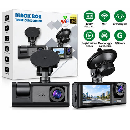Dashcam Auto 3 Telecamere 1080P WiFi G-Sensor con Camera Posteriore e Ventosa
