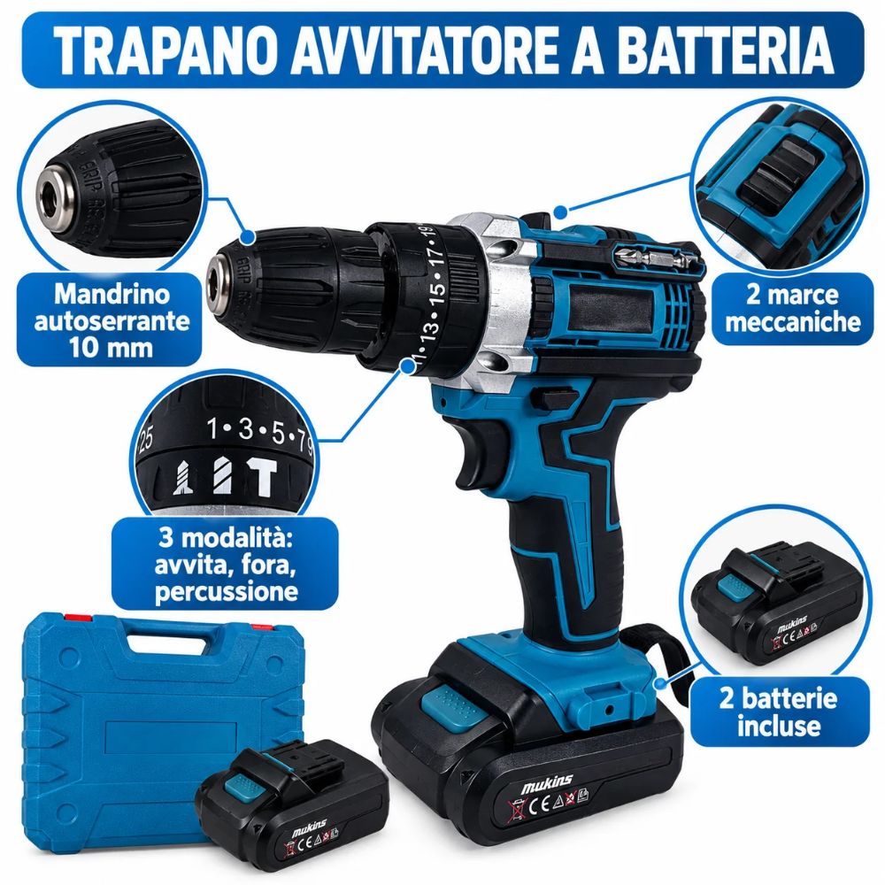 Trapano Avvitatore Percussione Doppia Batteria a Litio 21V Valigetta Accessori