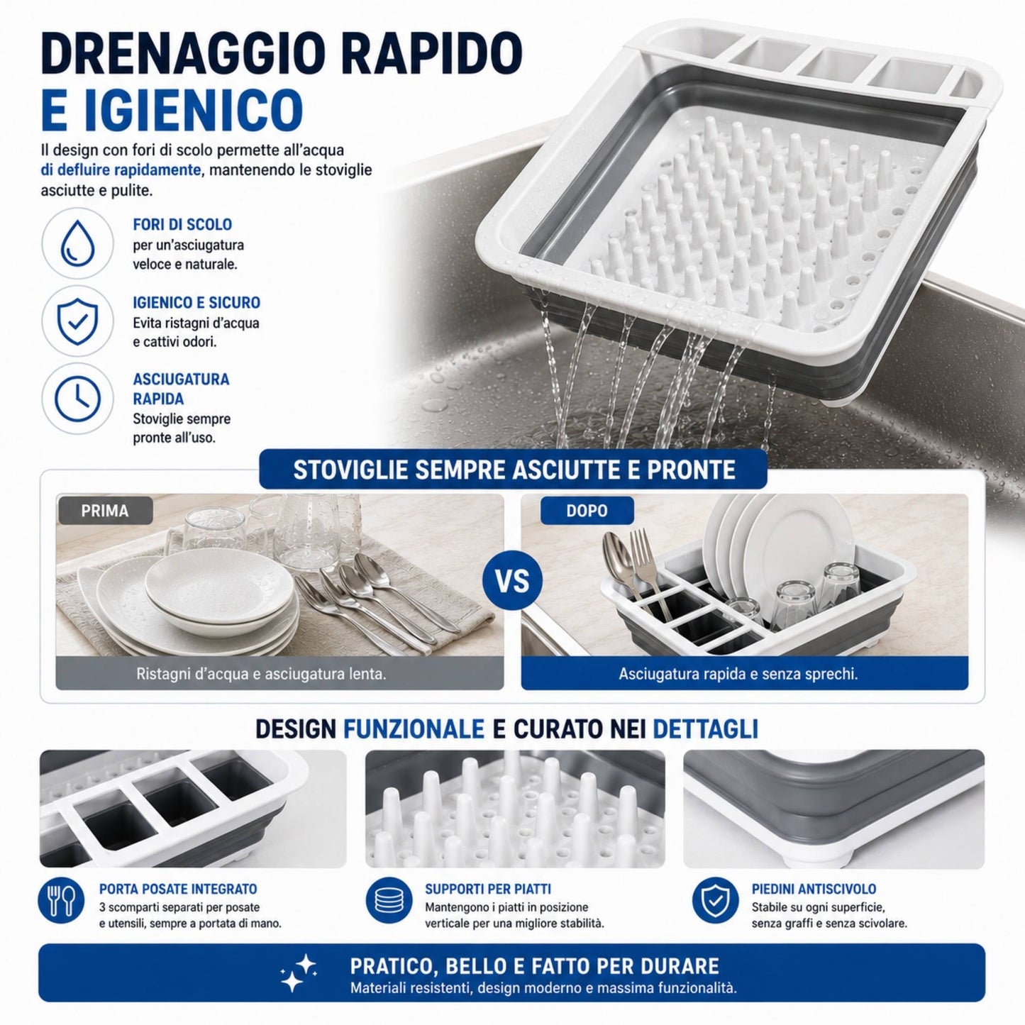 Scolapiatti in Silicone Pieghevole Salvaspazio Portatile per Asciugare Piatti Stoviglie e Posate 30 X 35 12 cm