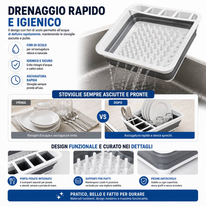 Scolapiatti in Silicone Pieghevole Salvaspazio Portatile per Asciugare Piatti Stoviglie e Posate 30 X 35 12 cm