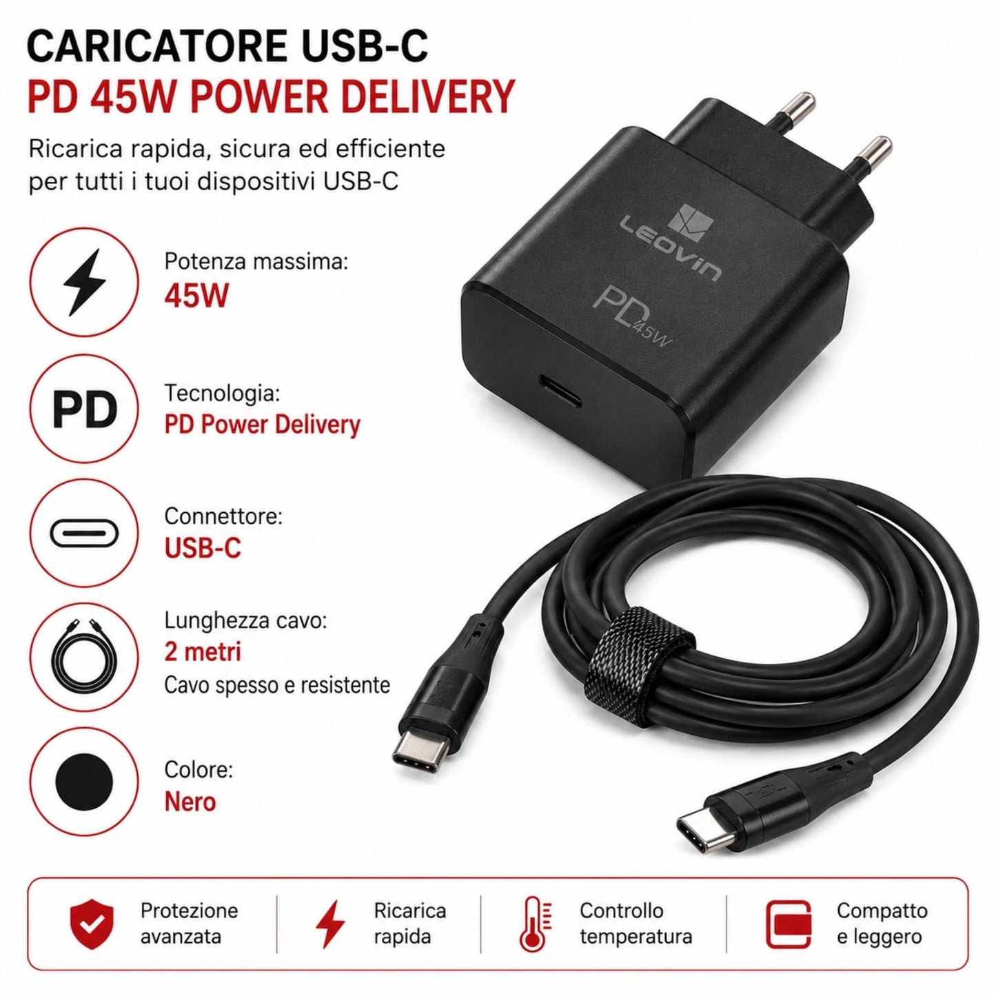 Caricatore USB-C PD 45W Ricarica Rapida con Cavo Type-C 2m per Laptop Smartphone