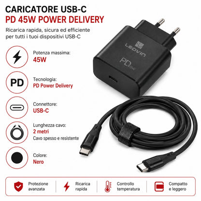 Caricatore USB-C PD 45W Ricarica Rapida con Cavo Type-C 2m per Laptop Smartphone