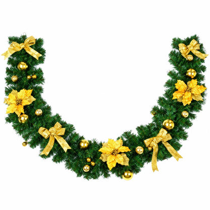 Ghirlanda Natalizia 2 Metri Verde con Fiori Fiocchi e Palline Oro Addobbo Casa