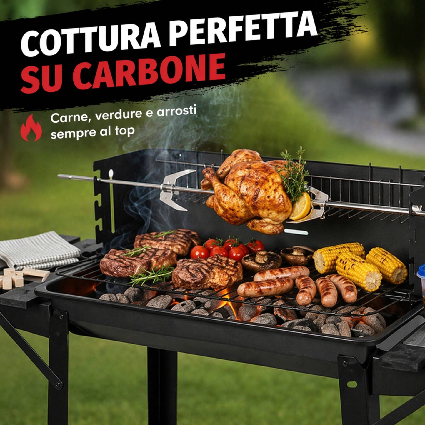 Barbecue a Carbone da Giardino con Girarrosto 93x41x86cm BBQ Grill con Accessori