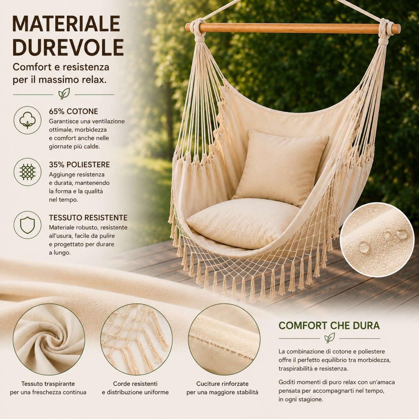 Amaca Poltrona Sospesa Brasiliana Cotone Ecrù Sedia Dondolo Giardino 130 x 97cm