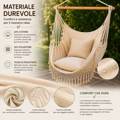 Amaca Poltrona Sospesa Brasiliana Cotone Ecrù Sedia Dondolo Giardino 130 x 97cm