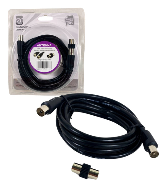 Cavo Antenna TV da 2 metri M/F Schermato Coassiale con Adattatore M/M Nero